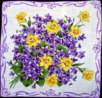 Daffodils and Purple Violets Vintage Handkerchief