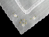 Embroidered Daisies and White Lace Vintage Handkerchief