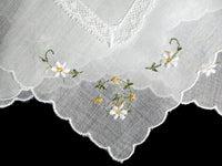 Embroidered Daisies and White Lace Vintage Handkerchief