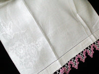 Damask Roses Irish Linen Vintage Guest Towel w Pink Tatting
