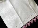 Damask Roses Irish Linen Vintage Guest Towel w Pink Tatting