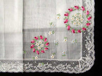 Desco Embroidered Floral Wreath Vintage Handkerchief w Lace