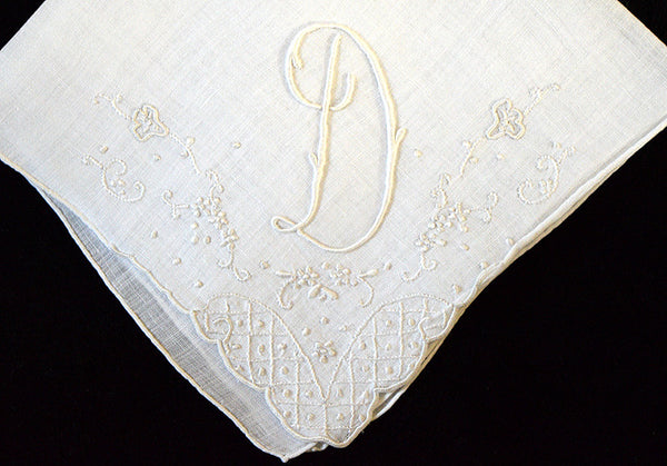 Monogram D Vintage Handkerchief, Madeira Whitework Embroidery