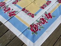 Border Print w Poppies Vintage Tablecloth 48x48