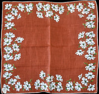 Burmel Orig Dogwood on Brown Irish Linen Vintage Handkerchief
