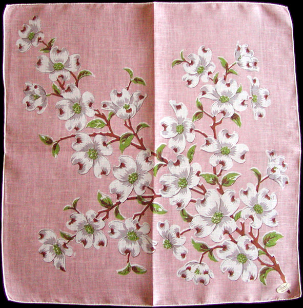 Dogwood on Pink Vintage Handkerchief Burmel Original Irish Linen