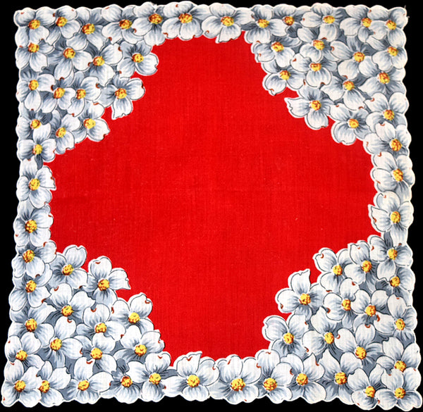 Gray Dogwood on Red Vintage Handkerchief