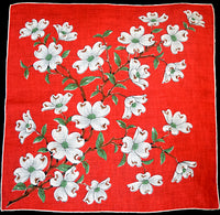 Dogwood on Red Linen Vintage Handkerchief