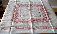 Dogwood, Ruffles & Polka-Dots on Linen Vintage Tablecloth 51x50