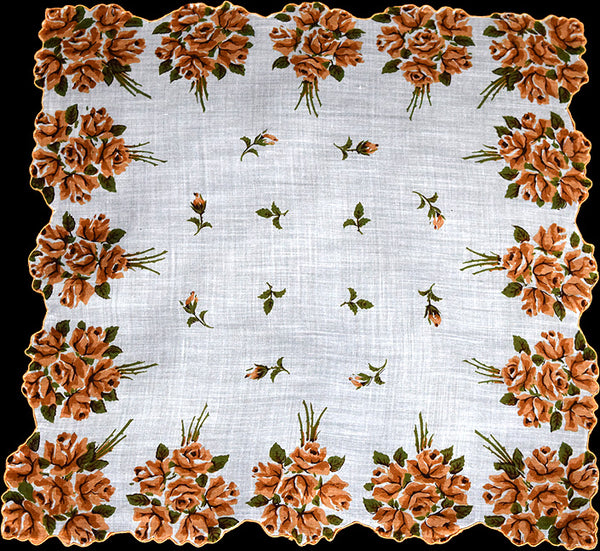 Border of Brown Umber Rose Nosegays Vintage Handkerchief