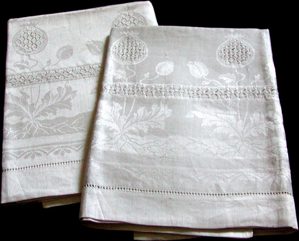 Oversize Antique Damask Linen Towels w Faggotting, Pair
