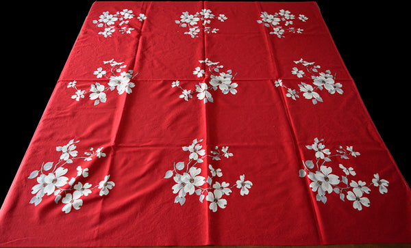 Dogwood on Red Vintage Wilendur Tablecloth 48x53