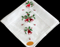 Christmas Bells & Holly Embroidered Vintage Handkerchief