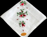 Christmas Bells & Holly Embroidered Vintage Handkerchief