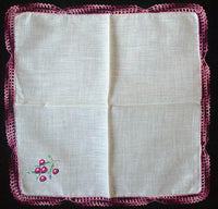 Embroidered Cherries Vintage Handkerchief Crochet Lace
