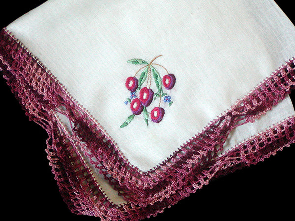 Embroidered Cherries Vintage Handkerchief Crochet Lace