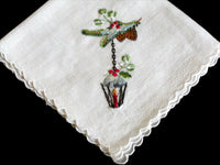 Christmas Lanterns & Pine Cones Embroidered Vintage Handkerchief