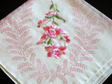 Flowers Embroidered in Pink w Print Motif Vintage Handkerchief