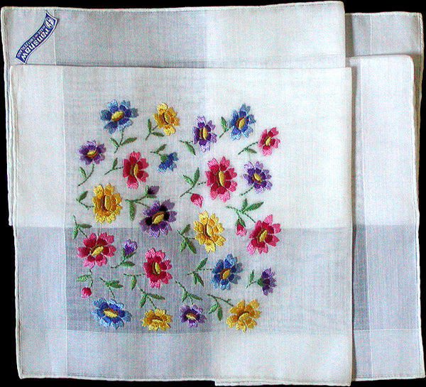Embroidered Flowers Vintage Handkerchief New Old Stock Franshaw