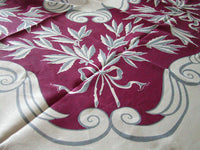 Gray Scrolls and Leaves on Wine Vintage Linen Tablecloth 50x68
