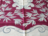 Gray Scrolls and Leaves on Wine Vintage Linen Tablecloth 50x68