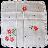 Christmas Poinsettias Embroidered Vintage Handkerchief w Lace
