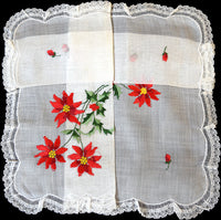 Christmas Poinsettias Embroidered Vintage Handkerchief w Lace