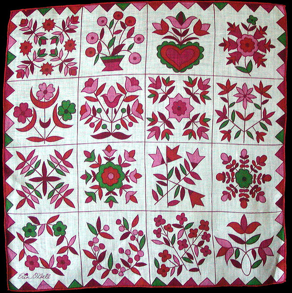 Erin O'Dell Floral Folk Art Vintage Linen Handkerchief