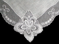 Fancy Ornate White Linen and Lace Vintage Wedding Handkerchief