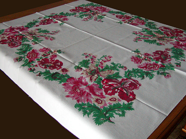 Floral Garland Border Print Vintage Tablecloth 47x51