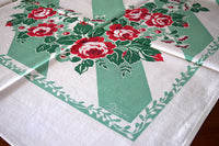 Fiatelle Jadeite Stripes Red Roses Vintage Tablecloth 44x50