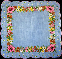 Floral Border Blue Irish Linen Vintage Handkerchief, 15 Inches