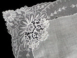 Applique Floral Lace Border Vintage White Wedding Handkerchief