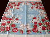 Red Flowers & Feather Scrolls Vintage Tablecloth 49x51