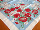 Red Flowers & Feather Scrolls Vintage Tablecloth 49x51
