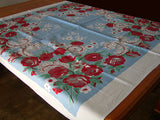 Red Flowers & Feather Scrolls Vintage Tablecloth 49x51