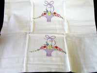 PR Colorful Flower Baskets Embroidered Vintage Pillowcases