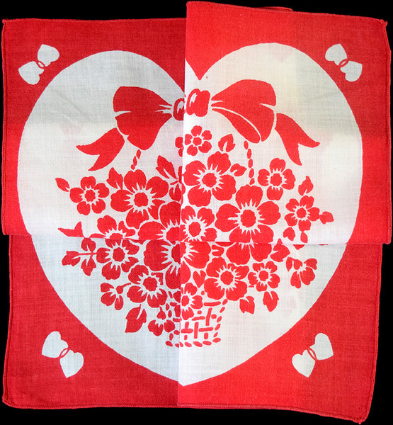 Secret Valentine Heart w Blooming Basket Vintage Handkerchief
