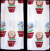 Red Flower Pots Vintage Kitchen Dish Towels, Pair