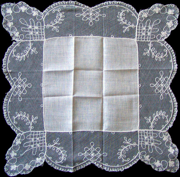 Floral & Trellis Net Lace Vintage Linen Wedding Handkerchief