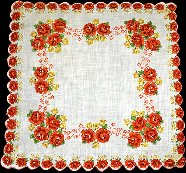 Orange Roses Scalloped Border Vintage Handkerchief