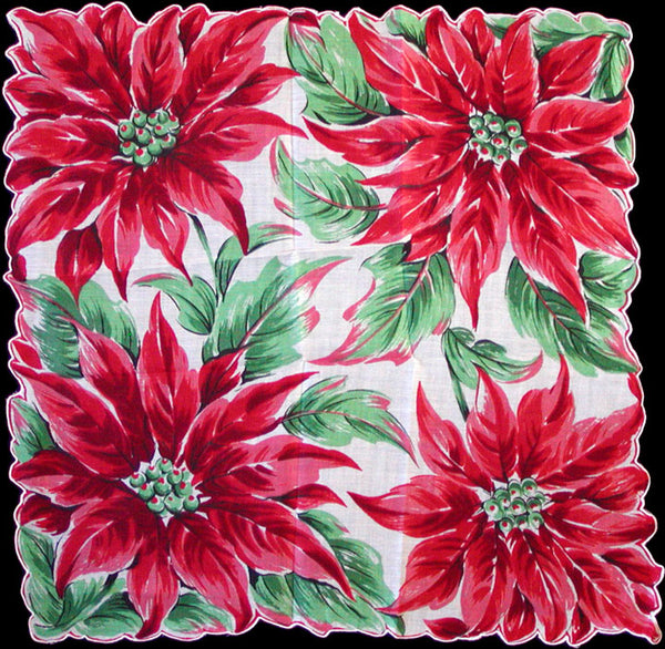 Big Red Christmas Poinsettias Vintage Handkerchief Unused