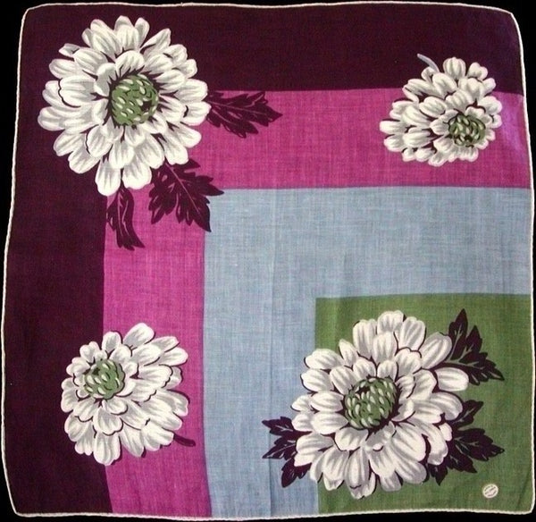 Four Zinnias on Abstract Block Linen Vintage Handkerchief