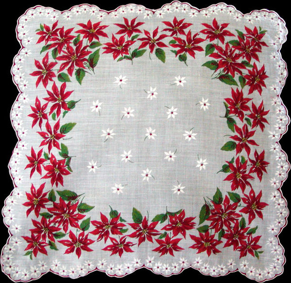 Poinsettia Scalloped Border Vintage Christmas Handkerchief