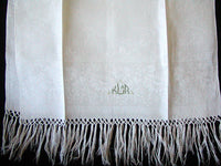 Antique Damask Linen Guest Towel w Hand Knotted Fringe, Monogram KLAR