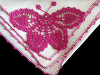 Fuchsia Crochet Lace Butterfly Vintage Linen Handkerchief