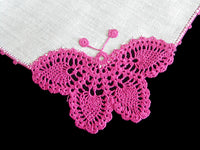 Fuchsia Crochet Lace Butterfly Vintage Linen Handkerchief