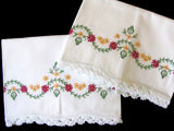 PR Vintage Pillowcases Floral Swag Crochet Lace Tubing