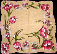 Floral Planters and Pink Tulips Vintage Handkerchief