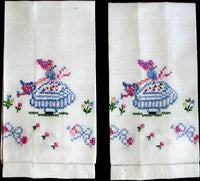 Garden Girl Embroidered Vintage Linen Guest Towels, Pair